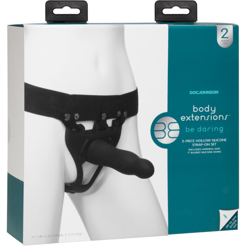 Be Daring 7in Bulbed Dong 2 Pc Hollow Silicone Strap-On Set Body Extension