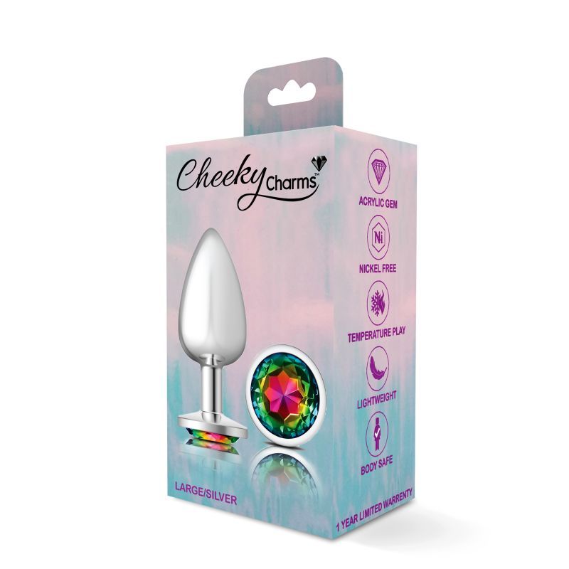 Cheeky Charms Silver Round Butt Plug w Rainbow Jewel Large Cheeky Charms