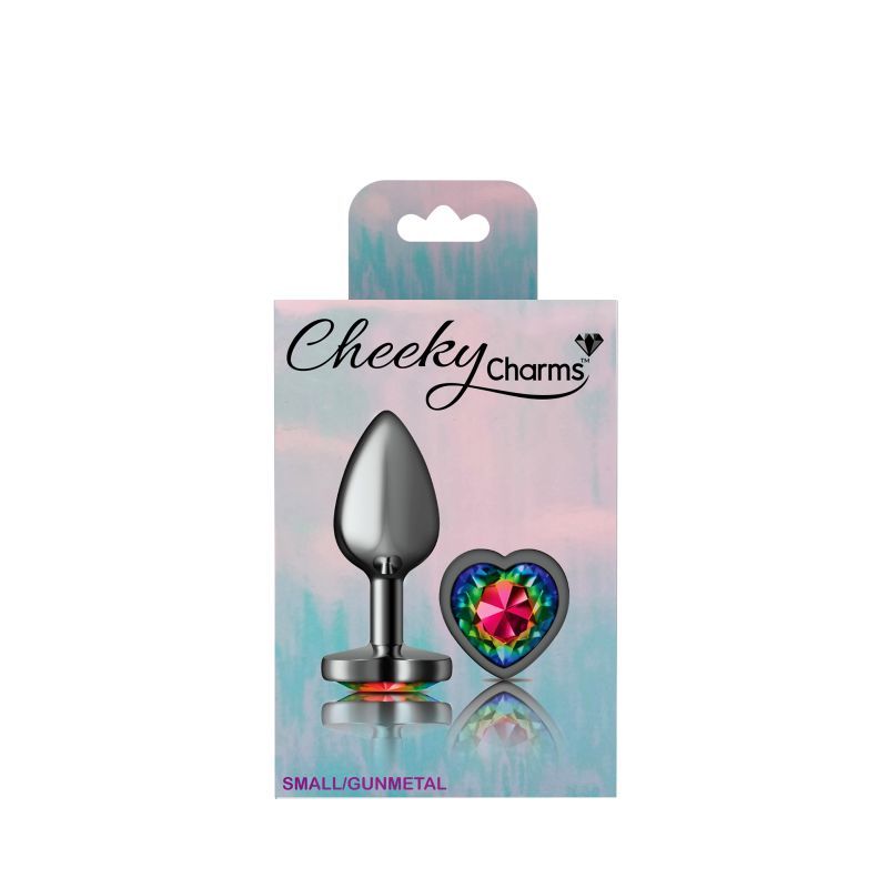 Cheeky Charms Gunmetal Butt Plug w Heart Rainbow Jewel Small Cheeky Charms