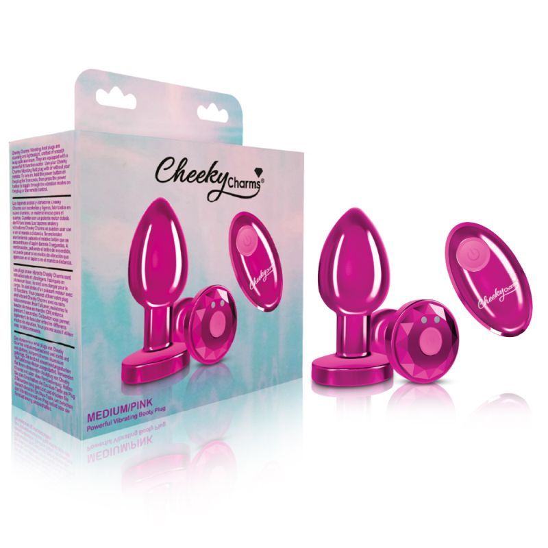 Cheeky Charms Pink Rechargeable Vibrating Metal Butt Plug w Remote Medium Cheeky Charms