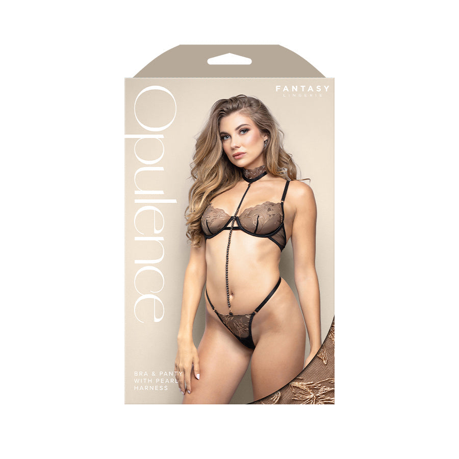 OPULENCE Bra & Panty with Pearl Harness ML - Black - M/L Size Fantasy Lingerie