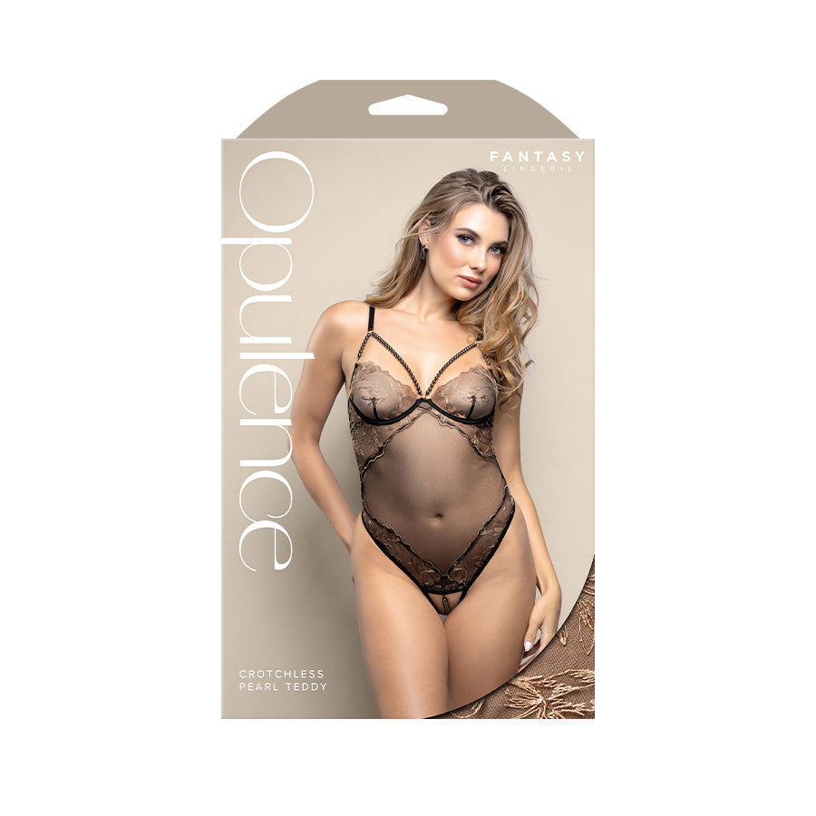 OPULENCE Crotchless Pearl Teddy ML - Black - M/L Size Fantasy Lingerie