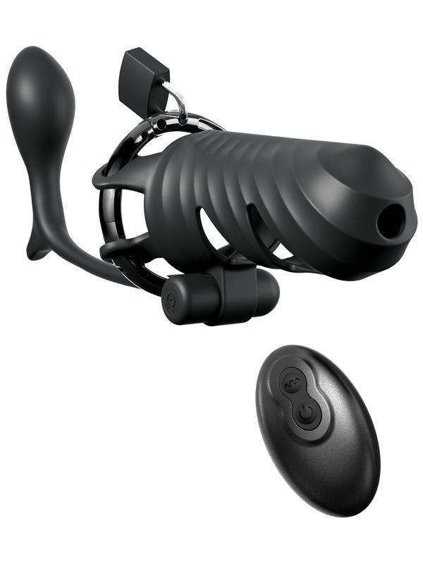 Fantasy C-Ringz Remote-Controlled Vibrating Cock Blocker with Ass-Gasm Plug - Black Vibrating Cock Cage with Anal Plug Pipedream