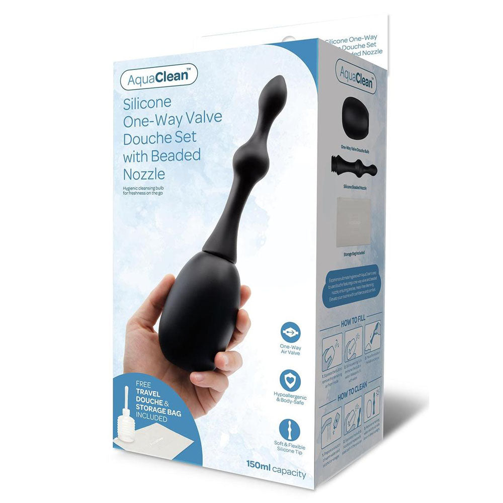 AquaClean Silicone 1-Way Valve Douche Set with Beaded Nozzle - 150 ml Capacity with Free Travel Douche Included Black - Club X