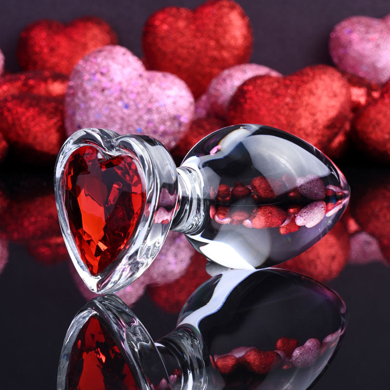 Adam & Eve RED HEART GEM GLASS PLUG LARGE - Clear Glass 9.5 cm Butt Plug with Red Heart Gem Base Clear - Club X