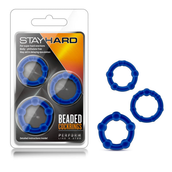 Stay Hard Beaded Cockrings - Blue Cock Rings - Set of 3 Sizes Blush Novelties