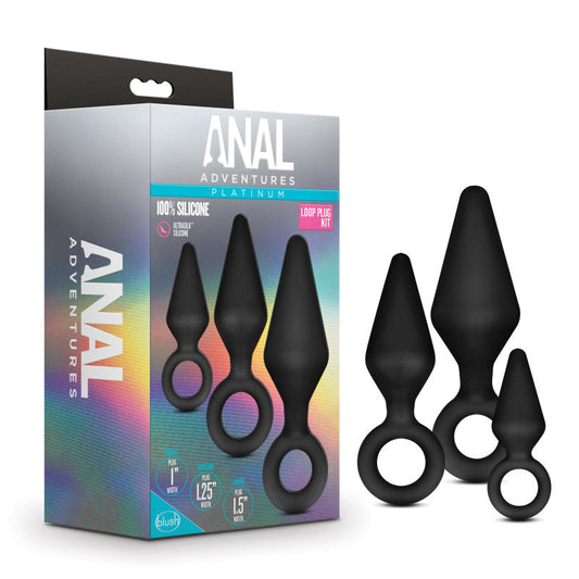 Anal Adventures Platinum Loop Plug Kit - Black Butt Plugs - Set of 3 Sizes blush