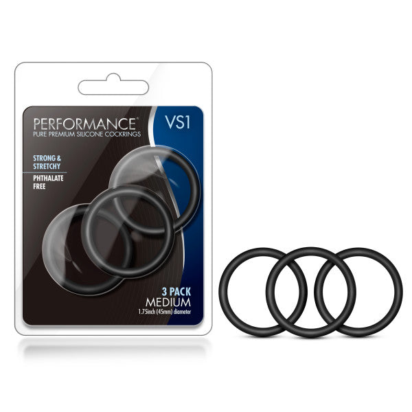 Performance VS1 Pure Premium Silicone Cockrings - Black Medium Cock Rings - Set of 3 Blush Novelties