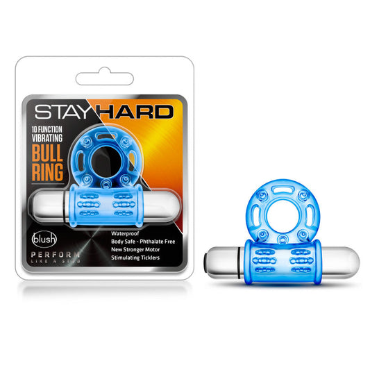 Stay Hard 10-Function Vibrating Bull Ring - Blue Vibrating Cock Ring Blush