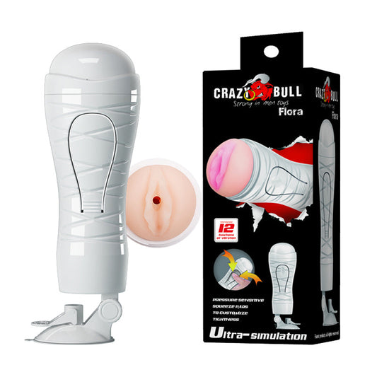 CRAZY BULL FLORA Vibrating Stroker - Flesh USB Rechargeable Vibrating Squeezeable Vagina Stroker with Suction Base Crazy Bull