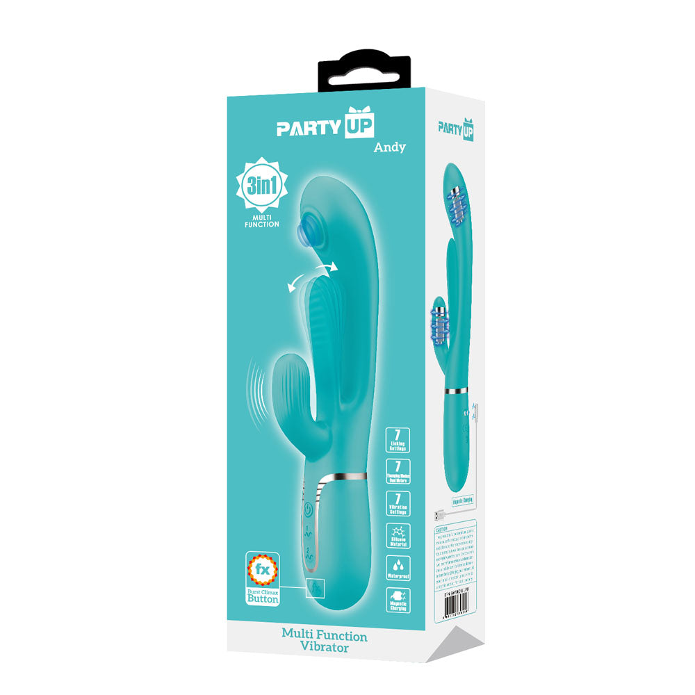 Party Up ANDY Multi Function Vibrator - Teal - Teal 22.2 cm USB Rechargeable Rabbit Vibrator with Flicking and Thumping Tip Party Up