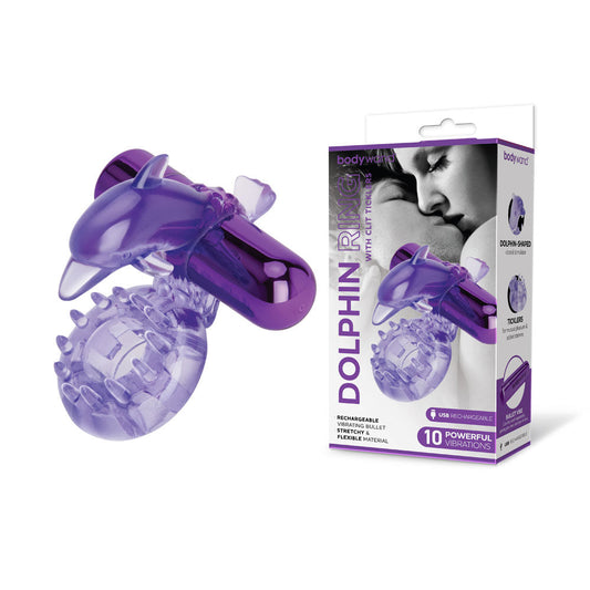 Bodywand Rechargeable Dolphin Ring with Clit Ticklers - Purple USB Rechargeable Vibrating Cock Ring Bodywand