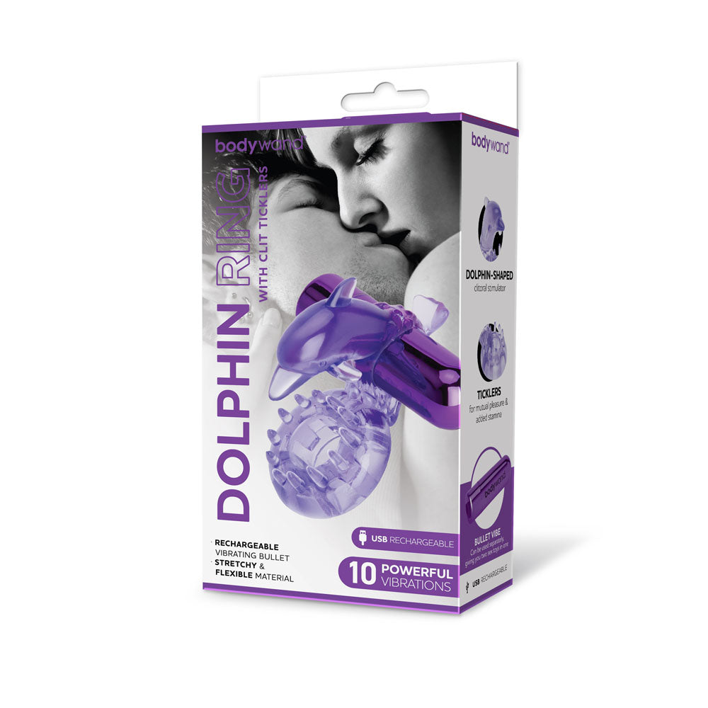 Bodywand Rechargeable Dolphin Ring with Clit Ticklers - Purple USB Rechargeable Vibrating Cock Ring Bodywand