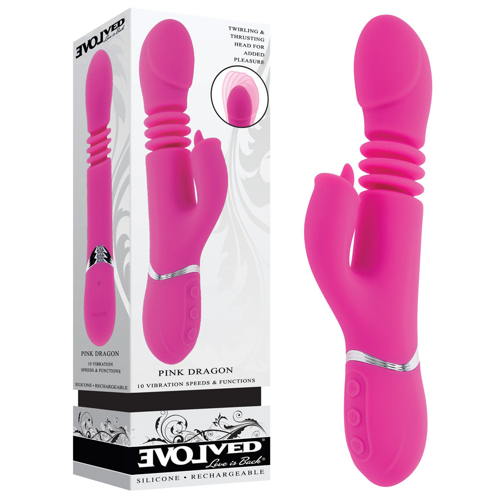 Evolved PINK DRAGON - Pink 24.2 cm USB Rechargeable Thrusting Rabbit Vibrator Pink - Club X