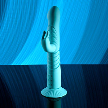 Evolved BUNNY HOP - Teal 25.1 cm USB Rechargeable Thrusting Rabbit Vibrator with Suction Base Evolved