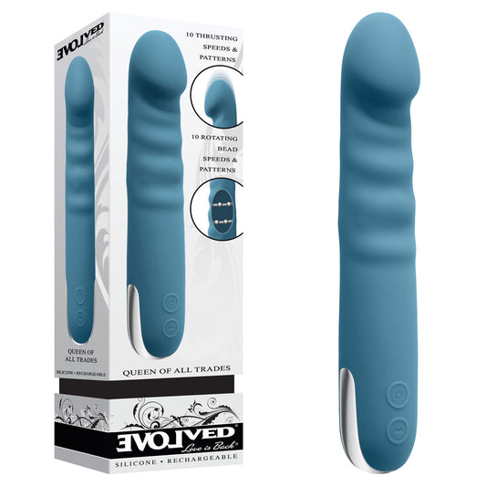 Evolved QUEEN OF ALL TRADES - Blue 22.6 cm USB Rechargeable Thrusting & Rotating Vibrator Blue - Club X