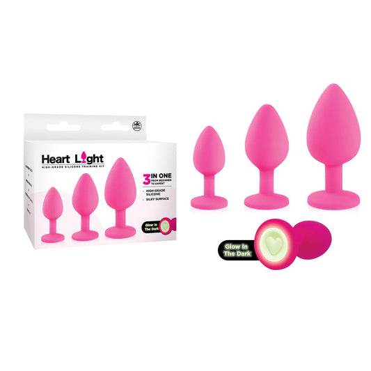 Heart Light - Pink - Pink Butt Plugs with Glow in Dark Bases - Set of 3 Sizes Excellent Power