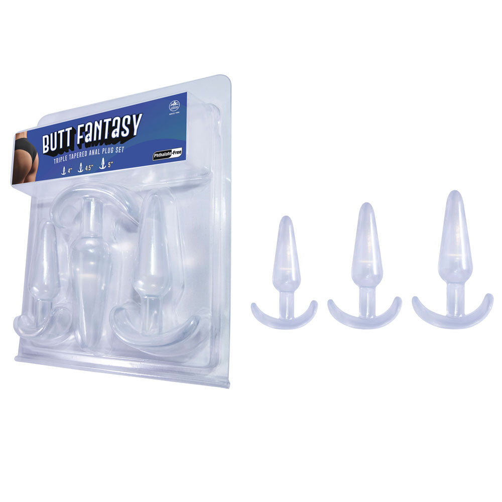 Butt Fantasy Triple Tapered Anal Plug Set - Clear - Clear Beginners Butt Plugs - Set of 3 Sizes Excellent Power