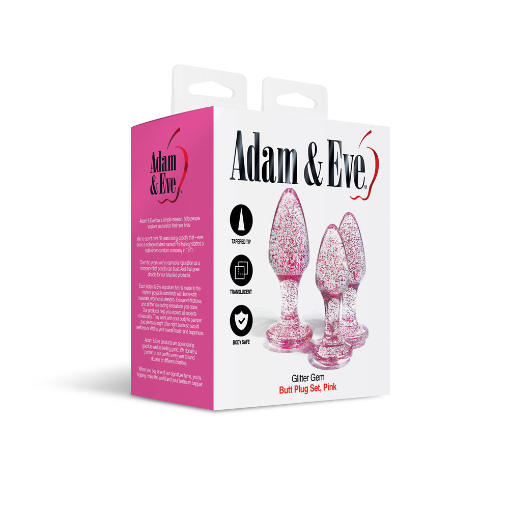 Adam & Eve Glitter Gem 3-Piece Butt Plug Set - Pink - Glitter Pink Butt Plugs - Set of 3 Sizes Adam & Eve