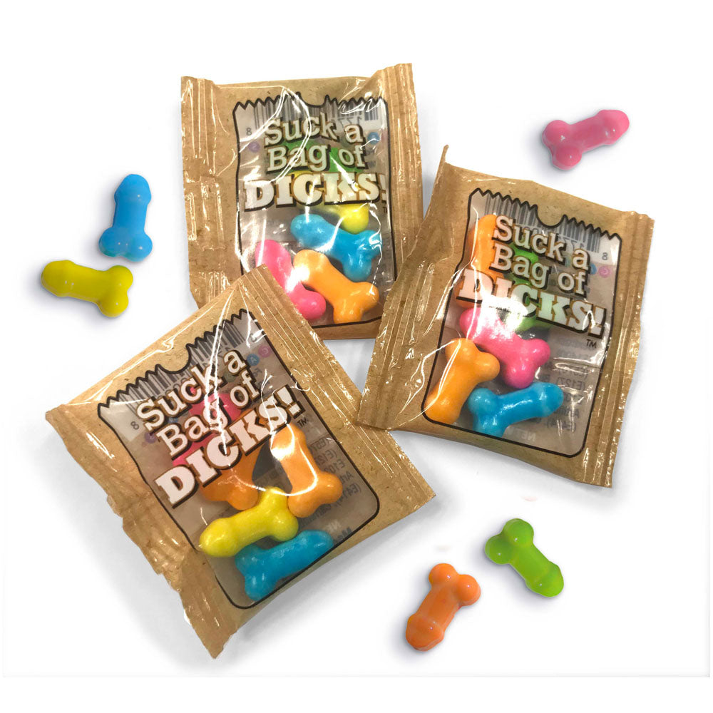 Suck A Bag Of Dicks Counter Display - Fruit Flavoured Lollies - Counter Display of 100 Party Packs Little Genie
