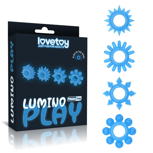 Lumino Play Penis Rings 4 Pack - Glow in the Dark Blue Cock Rings - Set of 4 Lovetoy