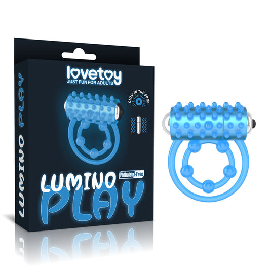 Lumino Play Vibrating Penis & Balls Ring - Glow in the Dark Blue Vibrating Cock Ring Blue - Club X