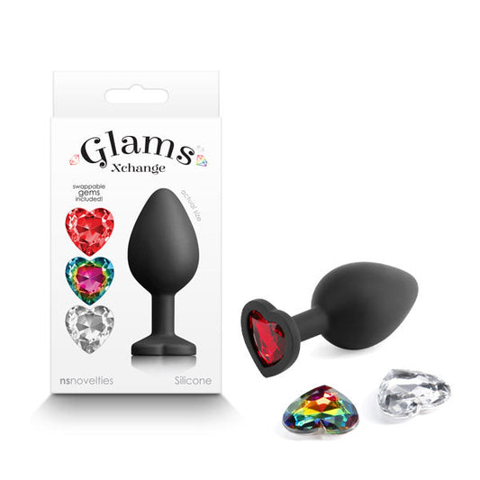 Glams Xchange Heart - Medium - Black Medium Butt Plug with Interchangeable Heart Gems NS Novelties