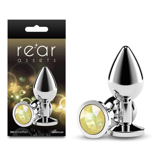 Rear Assets Silver - Medium - Yellow Gem - Silver Medium Metal Butt Plug with Yellow Gem Base NS Novelties