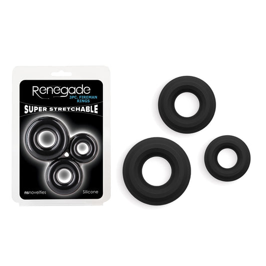 Renegade 3pc Fireman Rings - Black - Black Cock Rings - Set of 3 Sizes NS Novelties