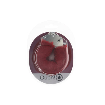 OUCH! Heavy-Duty Fluffy Cuffs - Burgundy - Burgundy Fluffy Restraints Ouch