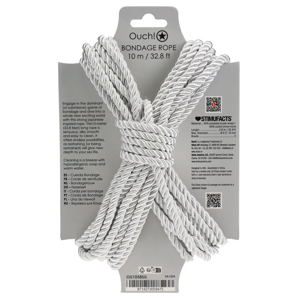 OUCH! Bondage Rope - 10 M - Silver - Silver Nylon Bondage Rope - 10 metre Length Shots Toys