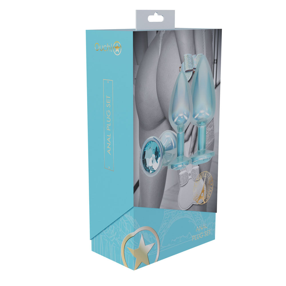 OUCH! Paris Collection - Metal Anal Plug Set - Blue - Metallic Blue Butt Plugs with Gem Bases - Set of 3 Sizes Shots Toys