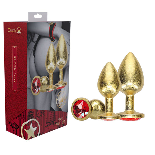 OUCH! Milan Collection - Metal Anal Plug Set - Gold - Gold Butt Plugs with Gem Bases - Set of 3 Sizes Shots Toys