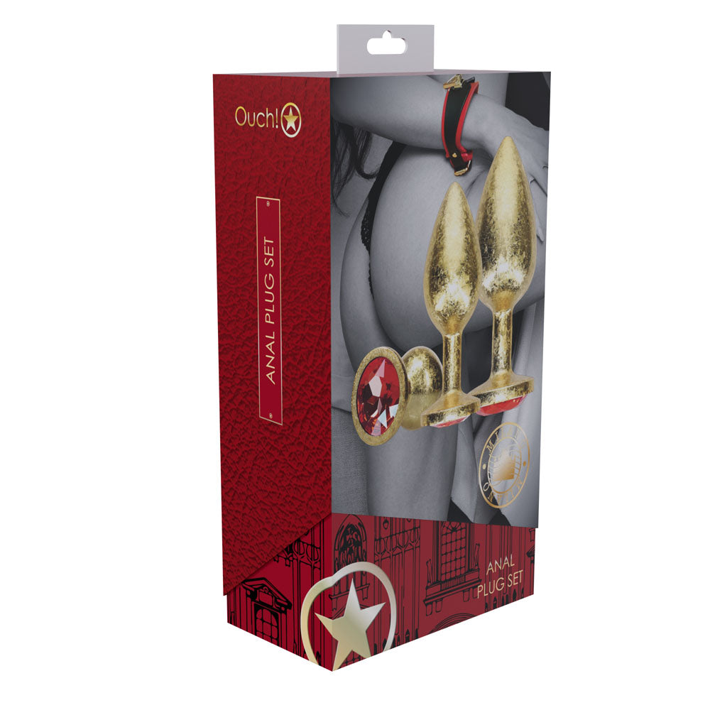OUCH! Milan Collection - Metal Anal Plug Set - Gold - Gold Butt Plugs with Gem Bases - Set of 3 Sizes Shots Toys