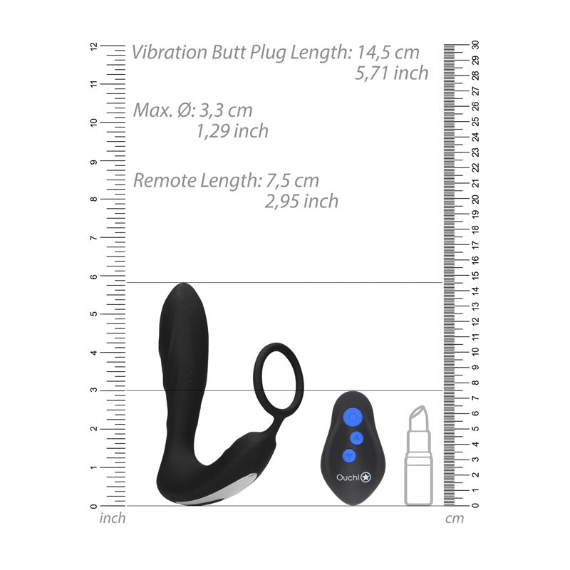 OUCH! E-stim & Vibrating Butt Plug Cock Ring - Black USB Rechargeable Vibrating Butt Plug & Cock Ring with e-Stim Shots Toys