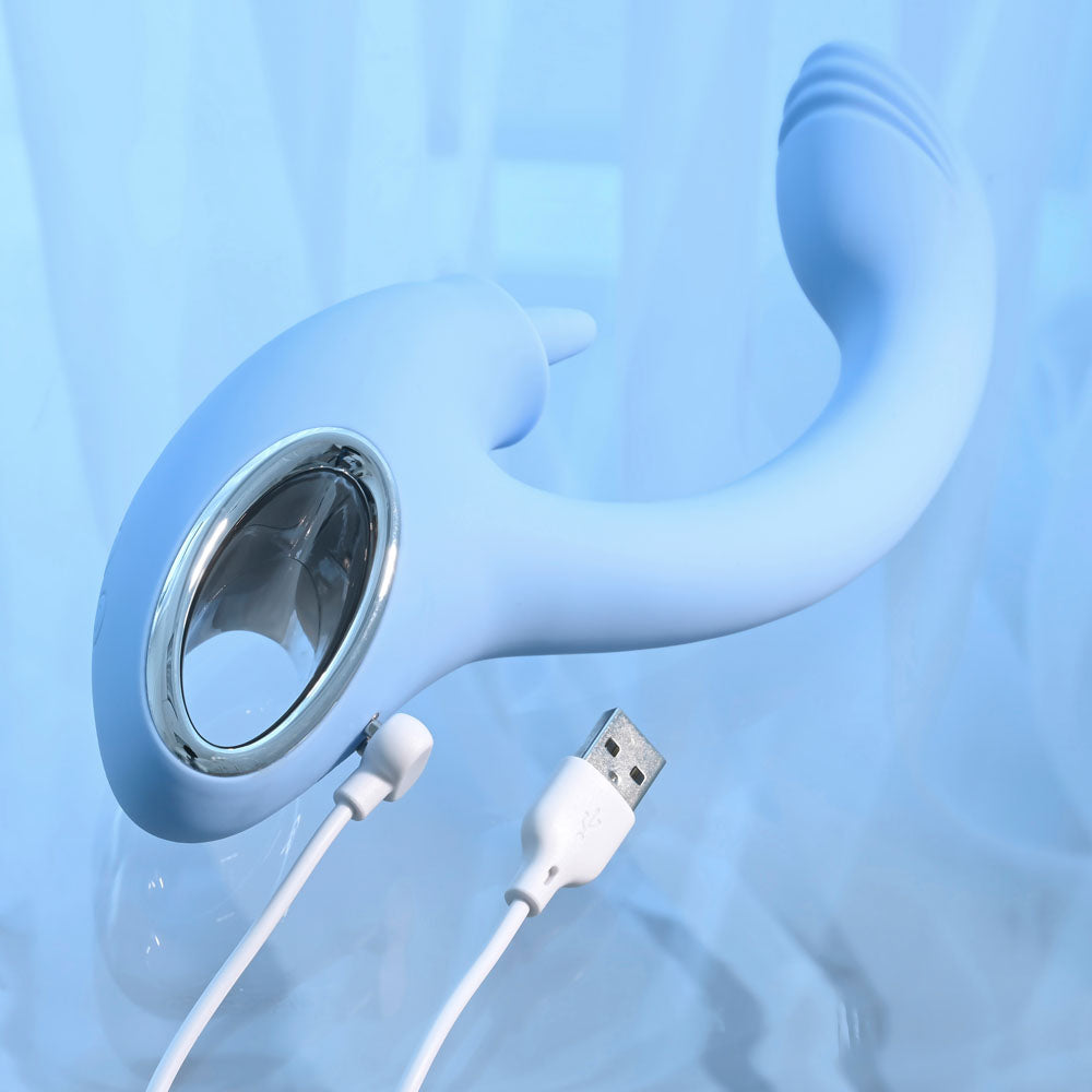 Playboy Pleasure SAPPHIRE SKY - Blue 21.6 cm USB Rechargeable Vibrator with Double Tongue Stimulator Playboy Pleasure