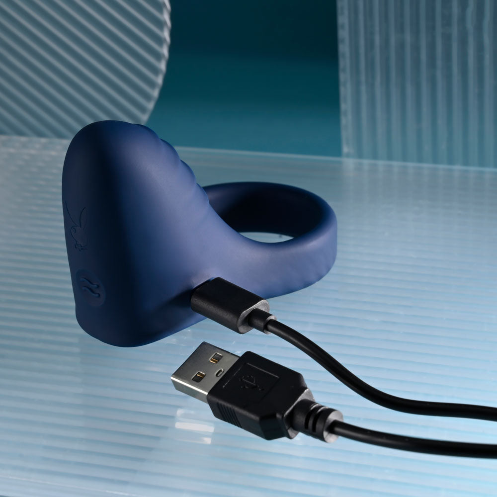 Playboy Pleasure PLEASURE POINT - Blue USB Rechargeable Vibrating Cock Ring Club X