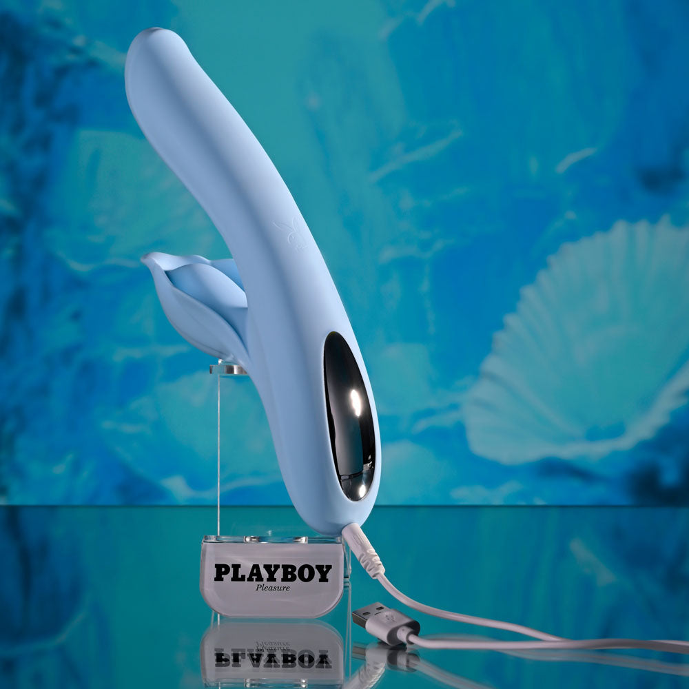 Playboy Pleasure IN BLOOM - Blue 23.5 cm USB Rechargeable Thrusting Tapping & Heating Dual Vibrator Playboy Pleasure