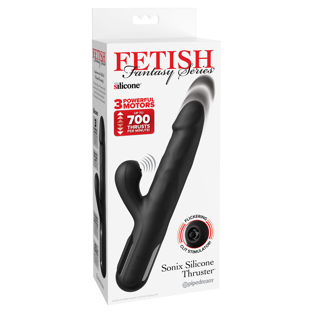 FFS Sonix Silicone Thruster - Black 22 cm USB Rechargeable Thrusting Vibrator with Flicking Clit Stim Pipedream
