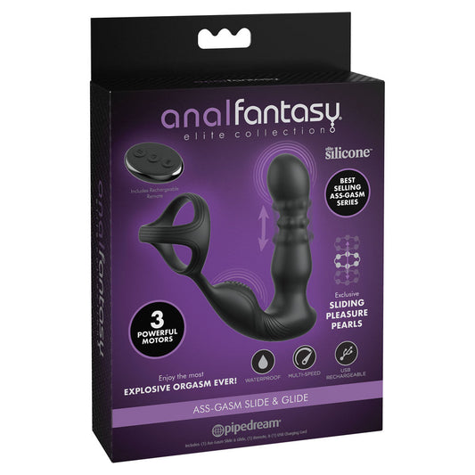 Anal Fantasy Elite Ass-Gasm Slide & Glide - Black USB Rechargeable Prostate Massage with Cock Ring Pipedream