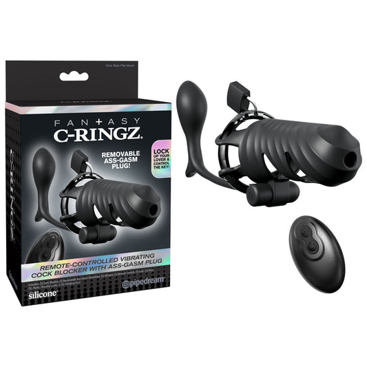 Fantasy C-Ringz Remote-Controlled Vibrating Cock Blocker with Ass-Gasm Plug - Black Vibrating Cock Cage with Anal Plug
