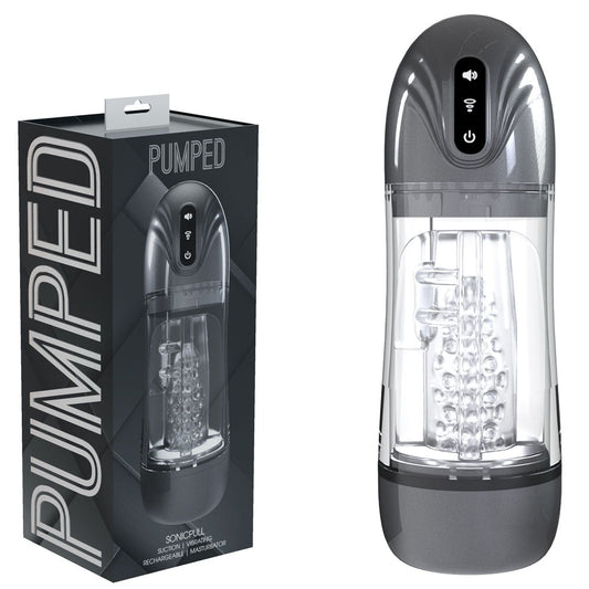 PUMPED SonicPull - Gunmetal - Gunmetal Grey/Clear USB Rechargeable Sucking And Vibrating Auto Masturbator Grey  - Club X