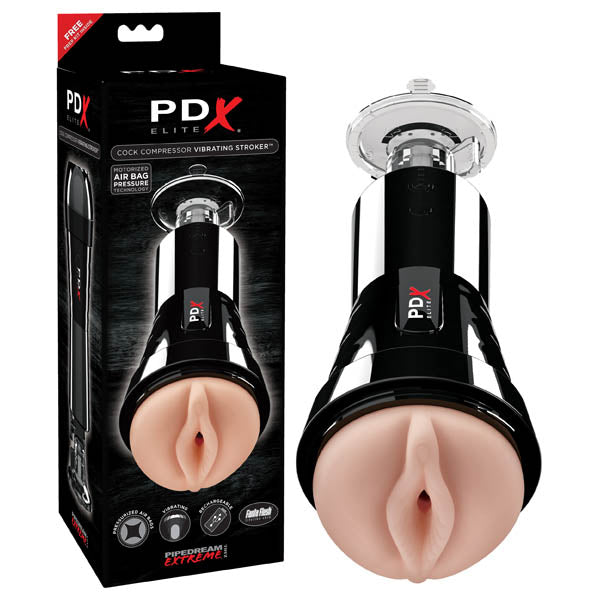 PDX Elite Cock Compressor Vibrating Stroker - Flesh USB Rechargeable Vibrating Pussy Stroker with Suction Base Pipedreams