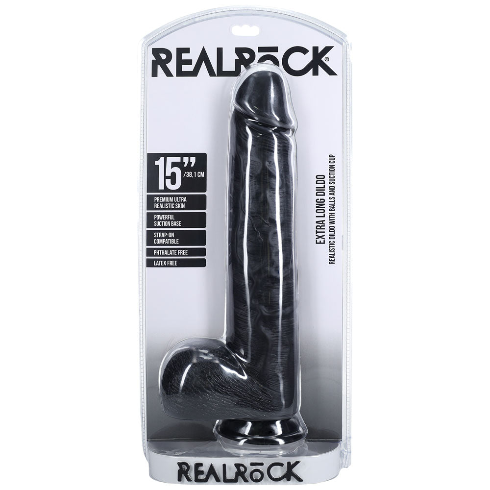 REALROCK 38cm Extra Long Dildo with Balls - Black - Black 38 cm (15'') Extra Long Dong Shots Toys