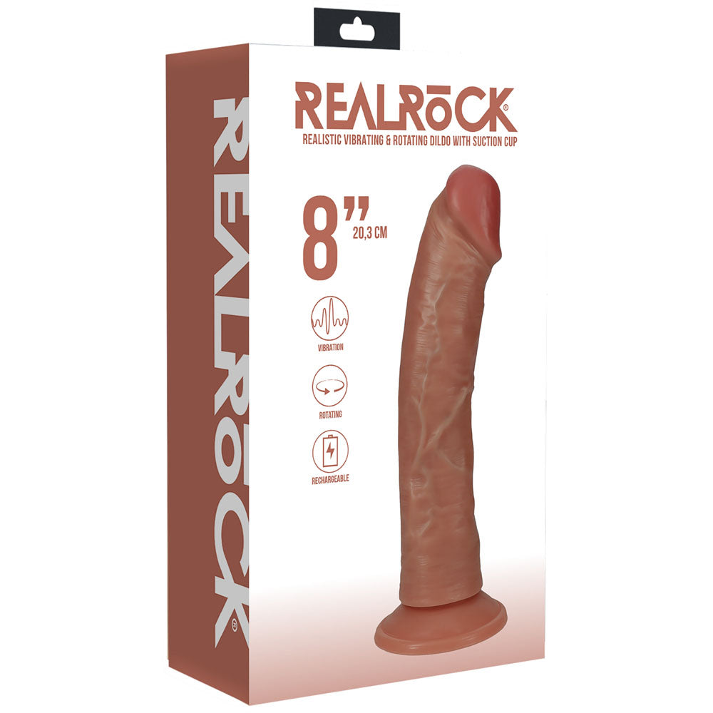 REALROCK 20cm Vibrating + Rotating Cock - Tan - Tan 20.3 cm (8'') USB Rechargeable Vibrating and Rotating Dong Realrock