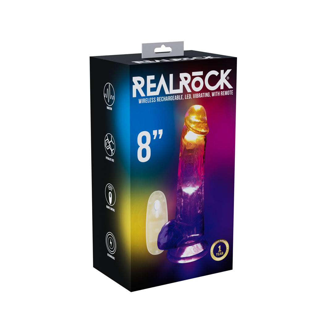 REALROCK 8'' with Balls Wireless Rechargeable LED Vibrating Dong - Clear with LED 22.5 cm USB Rechargeable Vibrating Dong with Remote Coloured - Club X