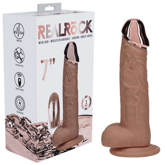 REALROCK Metal Head 7'' Rechargeable Dildo - Tan - Tan 19 cm USB Rechargeable Vibrating Dildo with Metal Head and Wireless Remote Shots Toys