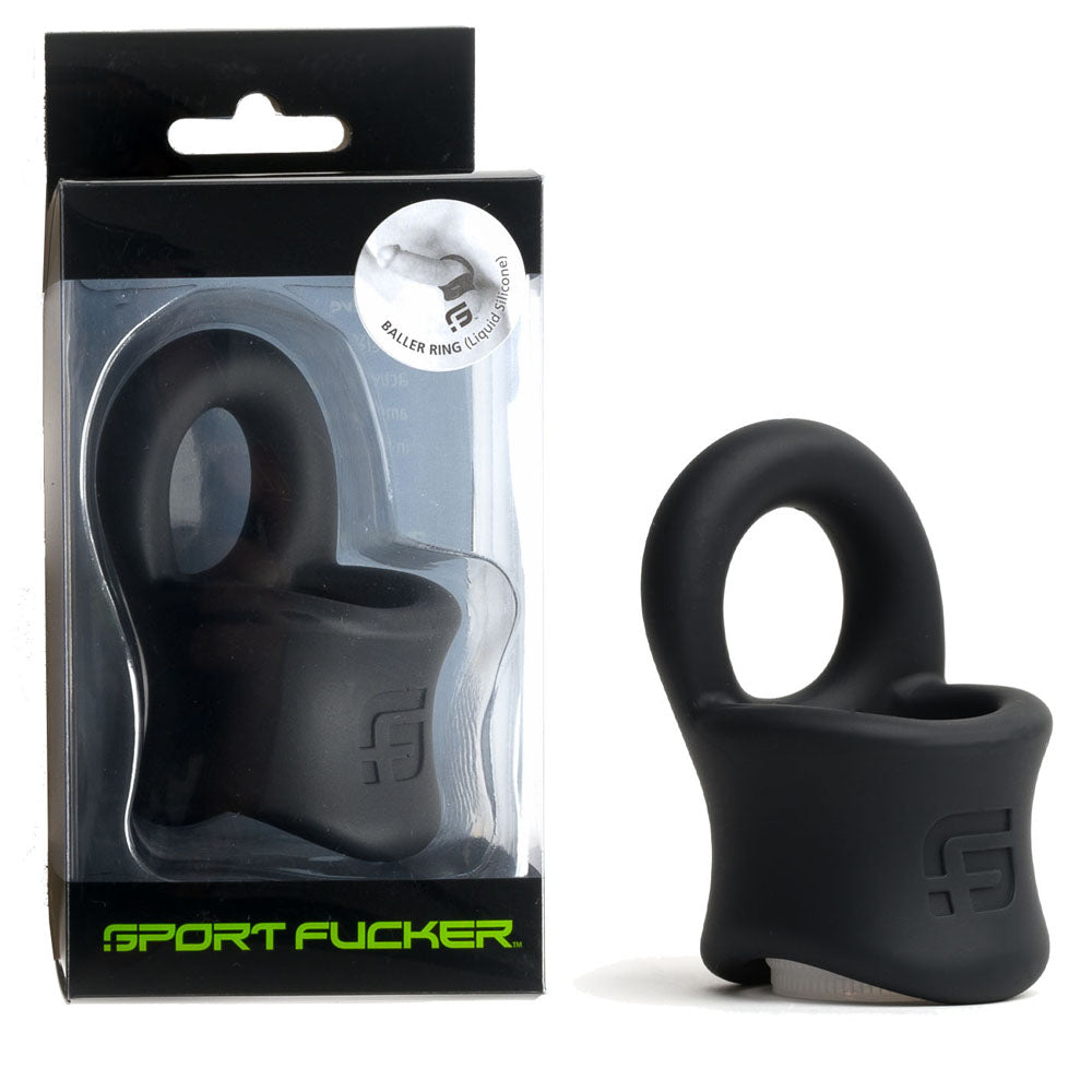 Sport Fucker Baller Ring - Black Liquid Silicone Cock Ring with Ball Stretcher Black - Club X