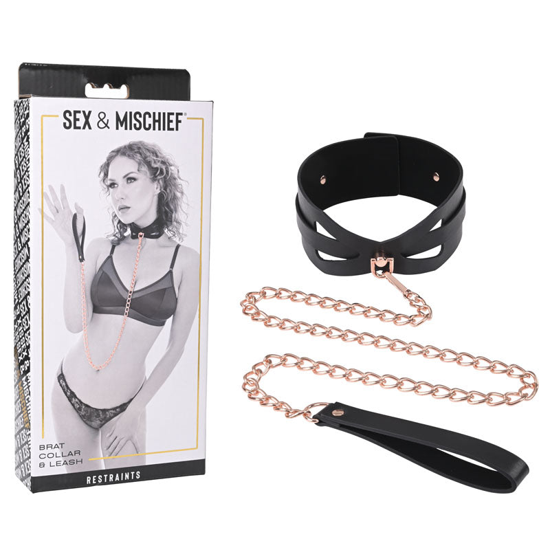 Sex & Mischief Brat Collar & Leash - Rose Gold/Black Restraint Sportsheets