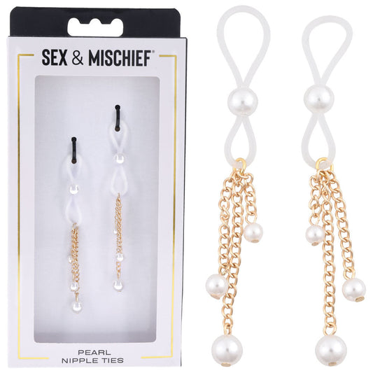Sex & Mischief Pearl Nipple Ties - Gold/Pearl Nipple Restraints - Set of 2 Sportsheets